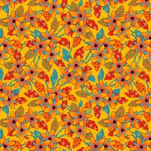 Patchwork fabric, 100% cotton, O.Bailloeul, floral yellow, orange, blue, yellow background, REF OB/080Y