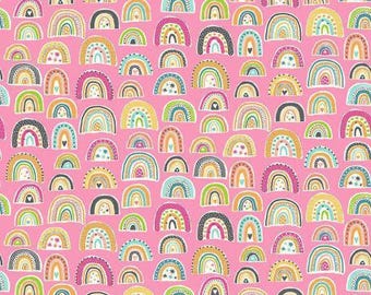 Patchwork fabric, 100% cotton, Makower, multi-colored hoops, pink background, 3 cm x 3 cm pattern, REF 2605/P