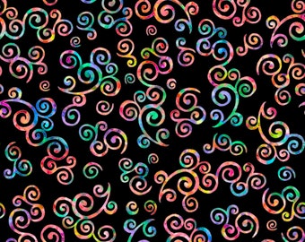 Patchwork fabric, QT, 100% cotton, multicolored arabesques, black background, REF 28326/BLA