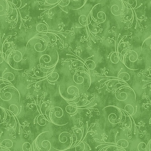 Könnte beinhalten: Ein nahtloses Muster mit einem sich wiederholenden Design aus weißen Wirbeln und Ranken auf grünem Hintergrund.