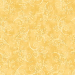 May include: A seamless pattern featuring delicate white swirls and vines on a yellow background. The design is reminiscent of a vintage wallpaper or fabric.