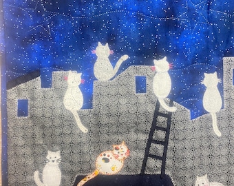 Traditional patchwork panel, cats in the night, blue, grey, silver, white, 105 cm x 50 cm, handmade, REF CHATS