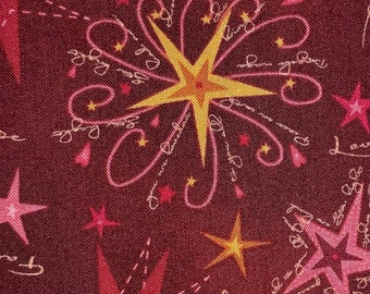 Coupon soldé, tissu patchwork, 0.20 cm, 100% coton, étoiles jaunes, roses, fond bordeaux,  REF  HG/7830