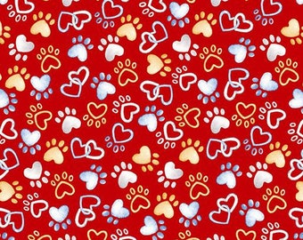 Patchwork fabric, dog hearts / paws, white, gray, beige, red background, REF PAWSITIVE/FR