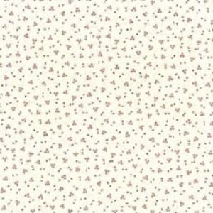 May include: White fabric with a scattered pattern of small, pink, floral shapes.