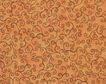 Patchwork fabric, orange-salmon color, fine black arabesques, 100% cotton, REF 23134OR