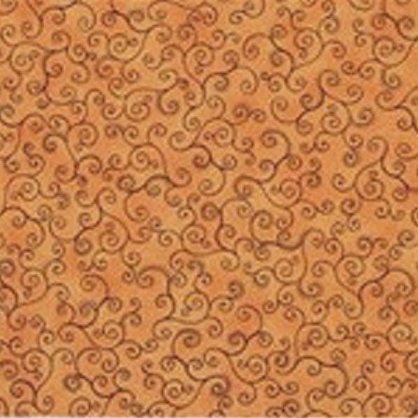 Tissu patchwork, coloris saumon orangé ,  fines arabesques noires, 100% coton,    REF  23134OR