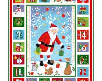 Calendrier de l'Avent, tissu patchwork, 100% coton, coloris multicolore et métallisé, Père Noël central, 56 cm x 70 cm fini,  REF  CHRISTMAS