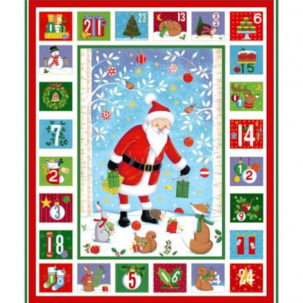 Calendario de Adviento, tela patchwork, 100% algodón, colores multicolor y metalizados, Papá Noel central, acabado 56 cm x 70 cm, REF NAVIDAD