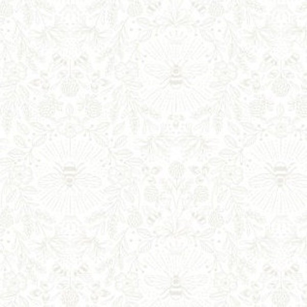Tissu patchwork, 100% coton, coloris blanc, motif léger fleur et abeille, faux uni, REF  TINY/BEE