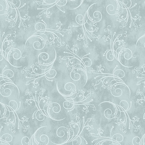 Könnte beinhalten: Ein nahtloses Muster mit zarten weißen Wirbeln und Ranken auf hellblauem Hintergrund. Das Design erinnert an eine Vintage-Tapete oder einen Stoff.
