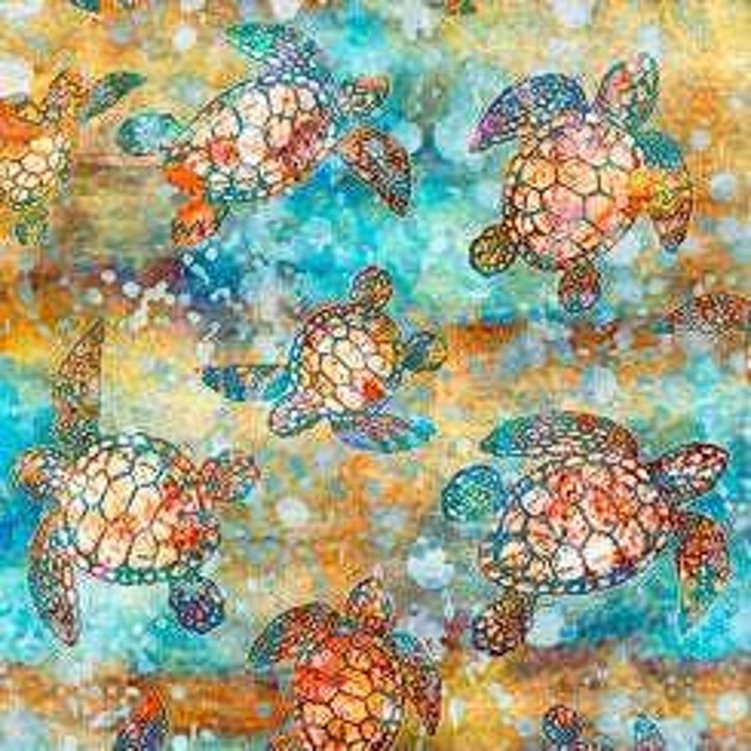 Patchwork Fabric, 100% Cotton, Sea Turtles, Blue, Beige, Shaded, Batik ...