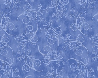 Patchwork fabric, 100% cotton, azure blue, nuanced, fine stylized arabesques, tone-on-tone, subtly solid color, REF EQUINOX/293