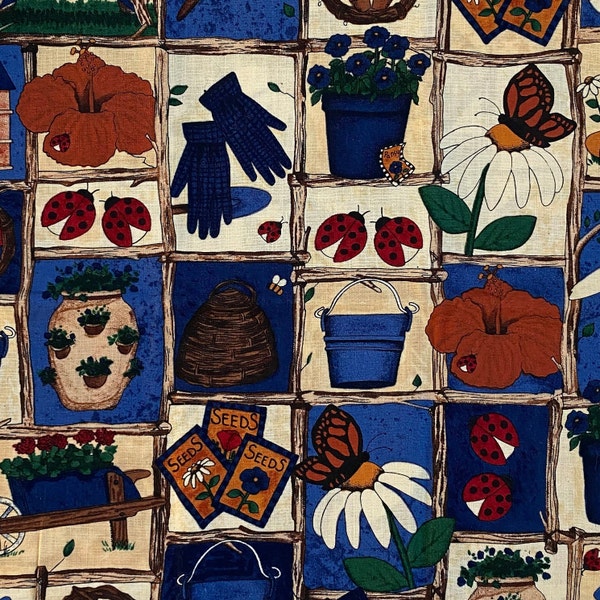 Fat quarter, tissu patchwork, 100% coton, gros motifs country jardin, beige, rouge, bleu, vert  REF GARDEN