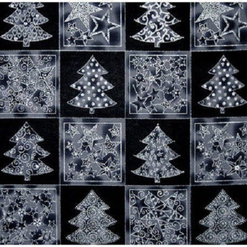 Panneau, tissu patchwork, 0.60 cm, Stof, sapins, étoiles de noël, noir et gris, liseré argenté, carré 15cm x 15cm, 100% coton, REF 4595960 image 1
