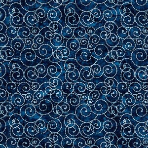 Puede incluir: Un patrón sin costuras de remolinos blancos sobre un fondo azul oscuro. Los remolinos son estilizados y se asemejan a una puntada decorativa.