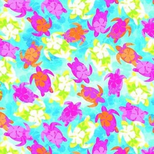 Peut inclure: Un motif sans couture représentant des tortues de mer colorées et des fleurs tropicales sur un fond bleu clair. Les tortues sont roses, orange et jaunes, et les fleurs sont blanches et jaunes.