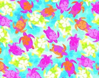 Patchwork fabric, tropical turtles, yellow, green, pink, orange, white, turquoise background, 100% cotton, REF TROPICAL/T