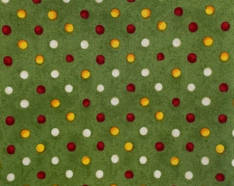 Fat quarter, tissu patchwork, pois beige, jaune, rouge, fond vert asperge, 100% coton, REF   FAT/V