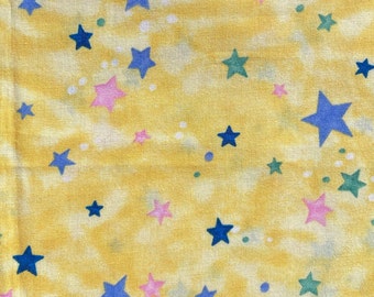 Fat quarter, patchwork fabric, blue, pink, green star, shaded yellow background, 100% cotton, REF STAR