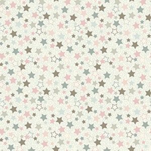 May include: A seamless pattern of small stars in shades of pink, grey, and blue on a white background.