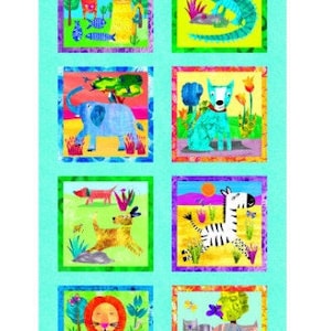 Panel de acolchado, tela patchwork, 100% algodón, divertidos animales, multicolor pastel, 8 cuadrados de 25 cm x 25 cm, REF COLORAMA/P