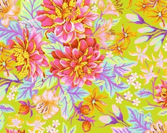 Patchwork fabric, 100% cotton, Kaffe Fassett, multi-colored floral, lime green background, REF 125PWTP/234