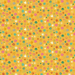 May include: A seamless pattern featuring colourful paw prints and hearts on a yellow background. The pattern is perfect for fabric, wallpaper, or other decorative projects.