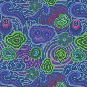 Patchwork fabric, 100% cotton, stylized floral, shaded colors blue, green, pink, purple, REF LAKE/GANODERMA