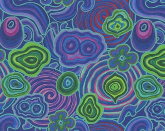 Patchwork fabric, 100% cotton, stylized floral design, nuanced shades of blue, green, pink, and purple, REF LAKE/GANODERMA
