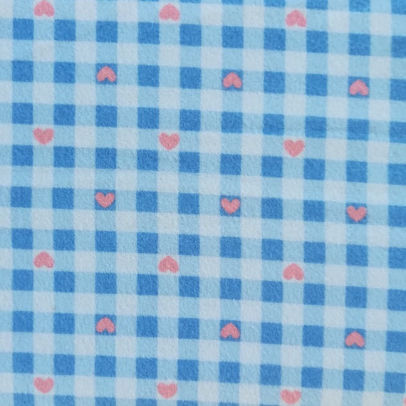 Tissu flanelle, vichy bleu, coeur rose, 100% coton,  REF  FLANELLE/B