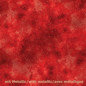 Puede incluir: Tela roja con un patrón de purpurina dorada metálica. La tela tiene un aspecto moteado y nublado.