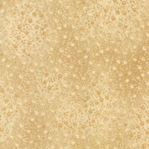 Könnte beinhalten: Ein nahtloses Stoffmuster mit beigefarbenem Hintergrund und einem sich wiederholenden Muster aus kleinen, hellbraunen Blüten.