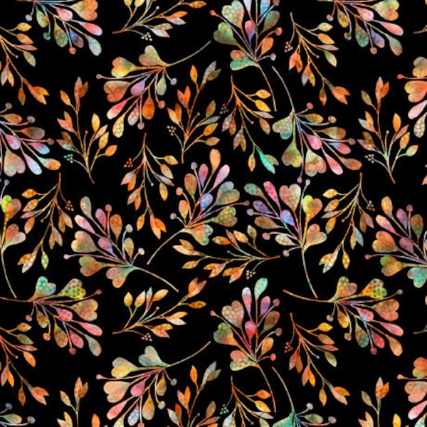 Patchwork fabric, 100% cotton, QT, bursts of multicolored leaves, black background, REF PERIW/6631