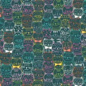 Lapptäckstyg, 100 % bomull, Makower, kattporträtt, flerfärgad, mörkblå bakgrund, 2,5 cm x 2 cm motiv, REF 009/T