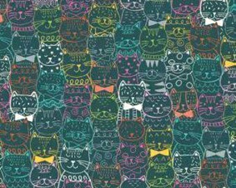 Patchwork fabric, 100% cotton, Makower, cat portrait, multi-colored, dark duck blue background, pattern 2.5 cm x 2 cm, REF 009/T
