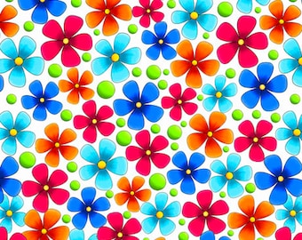 Patchwork fabric, QT, blue, pink, orange flowers, green polka dots, white background, 100% cotton, REF JUBILEE/W