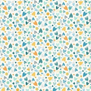 Può includere: Uno schema senza cuciture con una varietà di cuori in tonalità di blu, giallo e verde. I cuori sono sparsi casualmente su uno sfondo bianco, creando un design giocoso e allegro.