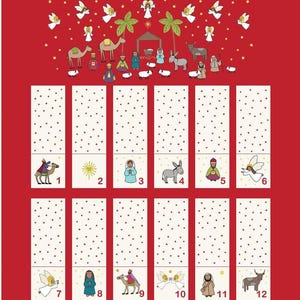 Peut inclure: Un calendrier de l'Avent rouge avec des illustrations de la Nativité, comprenant des anges, des chameaux et la Sainte Famille. Chacune des 12 fenêtres numérotées présente une image différente liée à Noël.