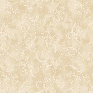 Könnte beinhalten: Ein nahtloses Muster mit zarten weißen Wirbeln und Ranken auf beigefarbenem Hintergrund. Das Design erinnert an eine Vintage-Tapete oder einen Stoff.