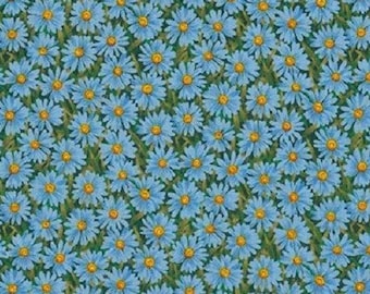 Fat quarter, tissu patchwork, marguerites bleues, fond vert, 100% coton, REF TP 794B