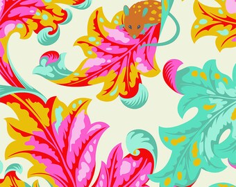 Patchwork fabric, Kaffe Fassett, leaf patterns, pink, yellow, green, white background, 100% cotton, REF TULLA PINK 093