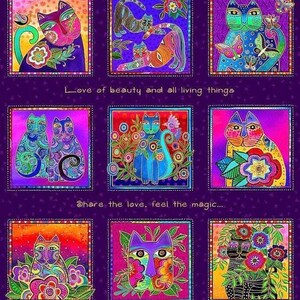Patchwork-Panel, 100 % Baumwolle, L Burch, 18 bunte Katzen mit Goldrand, lila Hintergrund, 15 cm große Quadrate, REF CATLB/V