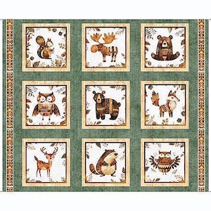 Peut inclure: Un panneau de tissu avec neuf illustrations encadrées d'animaux de la forêt. Le panneau comprend un écureuil, un orignal, un ours, un hibou, un renard, un cerf et un blaireau, le tout dans un style rustique et folk avec des tons terreux et des bordures décoratives.