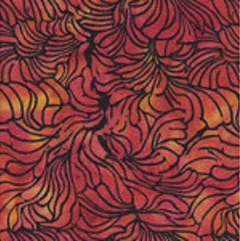 Patchwork fabric, batik, yellow leaves, oranges, reds, backed in black, 100% cotton, REF KF03G4 image 1