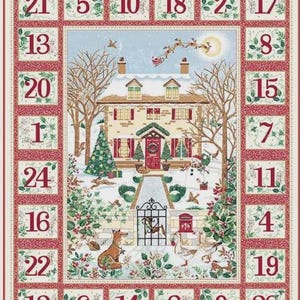 Peut inclure: Un calendrier de l'Avent en tissu rectangulaire présentant une scène hivernale centrale avec une maison, un bonhomme de neige et un renard, entouré d'une bordure de vingt-quatre carrés numérotés en rouge et crème avec des motifs de houx.