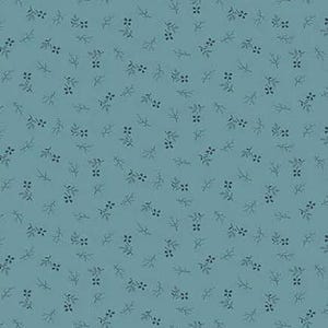 May include: A teal fabric with a repeating pattern of small, dark blue floral and leaf sprigs. The design features delicate branches and clusters of tiny flowers, creating a subtle, all-over botanical print. This fabric is suitable for various sewing and crafting projects.