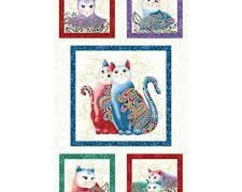 Panneau à quilter, Ann Lauer, chats multicolores métallisés, fond blanc, 1 carré 45 cm x 45 cm, 4 de 25 cm x 25 cm, 100% coton REF CHAT/6157