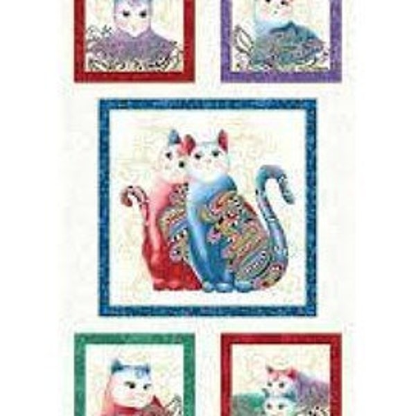 Quilting panel, Ann Lauer, metallic multicolored cats, white background, 1 square 45 cm x 45 cm, 4 of 25 cm x 25 cm, 100% cotton REF CHAT/6157