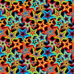 Peut inclure: Un motif sans couture d'étoiles colorées sur un fond noir. Les étoiles sont dans différentes nuances de rouge, orange, jaune, vert, bleu et violet. Le motif est parfait pour une variété de projets, tels que le tissu, le papier peint ou le papier d'emballage.